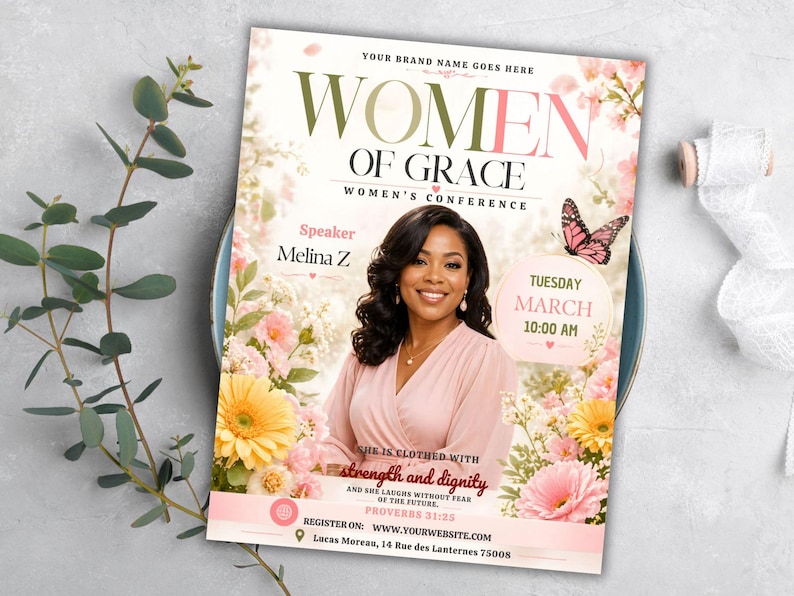march 8 women's day,prayer breakfast,church event flyer,women's prayer flyer,customizable Canva,faith based flyer,bible study flyer,pink church flyer,woman empowerment,women's conference,womens retreat flyer,guest speaker flyer,womens meeting flyer