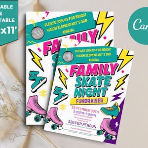 May include: A colorful flyer for a family skate night fundraiser. The flyer features a pink and blue roller skate, a disco ball, and the text "Family Skate Night Fundraiser" in bold, colorful letters. The event is scheduled for September 30th from 3:00 PM to 7:00 PM and costs $20 per person.
