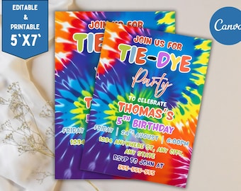 Zaproszenie urodzinowe z motywem tęczy tie-dye: edytowalny szablon (format PDF lub JPEG)