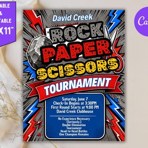 Könnte beinhalten: Ein Flyer im Comic-Stil für ein Schere-Stein-Papier-Turnier im David Creek. Das Design zeigt eine Grafik mit Stein, Papier und Schere in Rot, Blau und Gelb. Es enthält Veranstaltungsdetails wie Datum, Uhrzeit und den Veranstaltungsort.