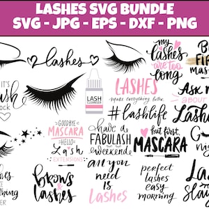 May include: A collection of black and white illustrations with pink accents featuring text about eyelashes. The text includes phrases like "It's lash o'clock", "lashes make everything better", "but first mascara", and "lash slayer".