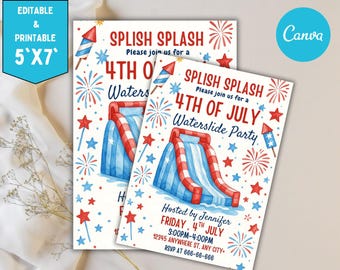 Editable 4th of July Party Invitation: Waterslide Pool Party (PDF Downloadable Template)