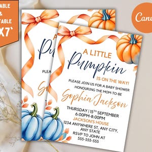 Editable Little Pumpkin Baby Shower Invitation, Baby Clothes Invitation, Printable Fall Pumpkin Baby Shower Invite, Canva Template