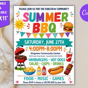 May include: A colorful 8.5 inch by 11 inch flyer for a Summer BBQ event. The text reads Please Join Us For The Kingview Community Summer BBQ, Saturday, June 27th, 4:00PM-8:00PM, Kingview Community Center, 5555 East King Street, Southfield MN 55555.