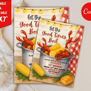 May include: An invitation design with a watercolour illustration of a crawfish boil. The invitation features a pot of crawfish, corn, and lemons, with the text "Let the Good Times Boil." The invitation is 12.7cm x 17.8cm.