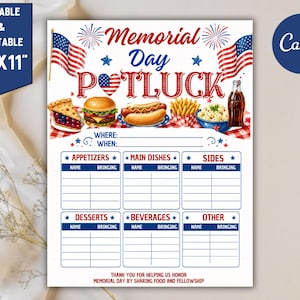 May include: A printable Memorial Day Potluck sign, approximately 21.6 cm x 27.9 cm, with patriotic graphics. Features space to list appetizers, main dishes, sides, desserts, beverages, and other items. Includes the text "Memorial Day Potluck".