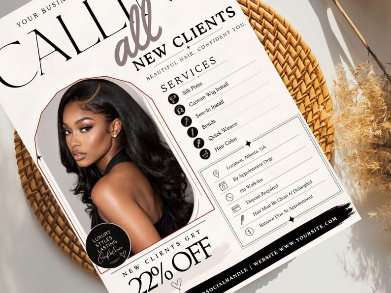 Bokningsflyer för nya kunder, Välkommen till alla nya kunder, Specialflyer för nya kunder, Makeup, Frisör, Fransteknik, Nagelteknik, MUA, DIY i Canva bild 6
