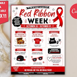 May include: A Red Ribbon Week flyer measuring 8.5 inches by 11 inches featuring a red ribbon graphic and a weekly schedule of drug-free themed activities. The text includes Be Kind, Be Smart, Be Drug Free, and daily prompts from Monday to Friday with illustrations of a treasure chest, a red t-shirt, a SWAT vest, a backwards baseball cap, and red sunglasses.