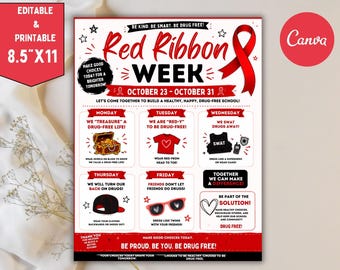 Red Ribbon Week Itinerary Flyer Template Printable Editable School PTO PTA Company Nonprofit Organization Schedule Template