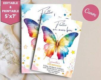 May include: A printable invitation with a watercolor butterfly design. The invitation is for a 2nd birthday party and says "Flutter on over for Samantha's 2nd Birthday".