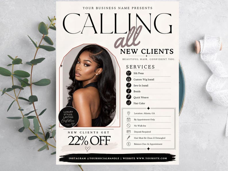 Bokningsflyer för nya kunder, Välkommen till alla nya kunder, Specialflyer för nya kunder, Makeup, Frisör, Fransteknik, Nagelteknik, MUA, DIY i Canva bild 3