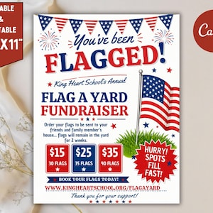 Peut inclure: Une affiche patriotique pour une collecte de fonds pour des drapeaux, avec le texte "You've been flagged!" en rouge et bleu. Elle comprend un drapeau américain, des étoiles et le texte "Flag a Yard Fundraiser". L'affiche mesure 21,6 cm x 27,9 cm.