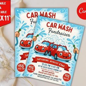 Plantilla editable de volante para recaudar fondos para lavado de autos - Póster de lavado de autos de la Asociación de Padres y Maestros (APT) de la escuela - Invitación para recaudar fondos para la comunidad - Evento de lavado de autos imprimible