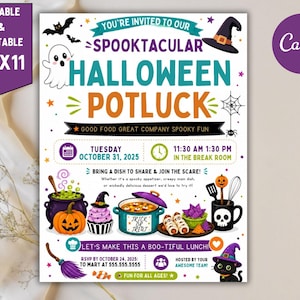 Pode incluir: Um folheto de convite para um potluck de Halloween medindo 21,59 cm por 27,94 cm. O texto diz YOU'RE INVITED TO OUR SPOOKTACULAR HALLOWEEN POTLUCK, TUESDAY OCTOBER 31, 2025, 11:30 AM 1:30 PM, com ilustrações de um fantasma e um chapéu.
