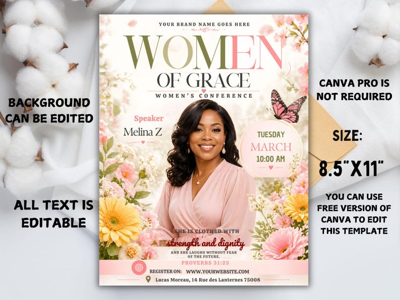 May include: A Women of Grace conference flyer with a floral design. The flyer features a photo of Melina Z, the speaker, and includes the text "Women of Grace" and "Women's Conference". The flyer is 8.5" x 11" and editable in Canva.