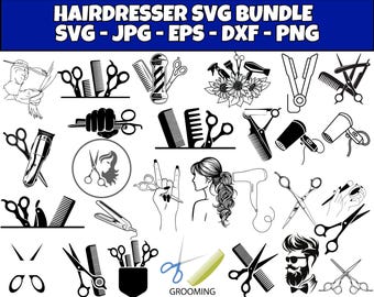 May include: A black and white illustration set of hairdressing tools and equipment, including scissors, combs, razors, hair dryers, and a hairdressing chair. The text "HAIRDRESSER SVG BUNDLE SVG - JPG - EPS - DXF - PNG" is at the top of the image. The text "GROOMING" is at the bottom of the image.
