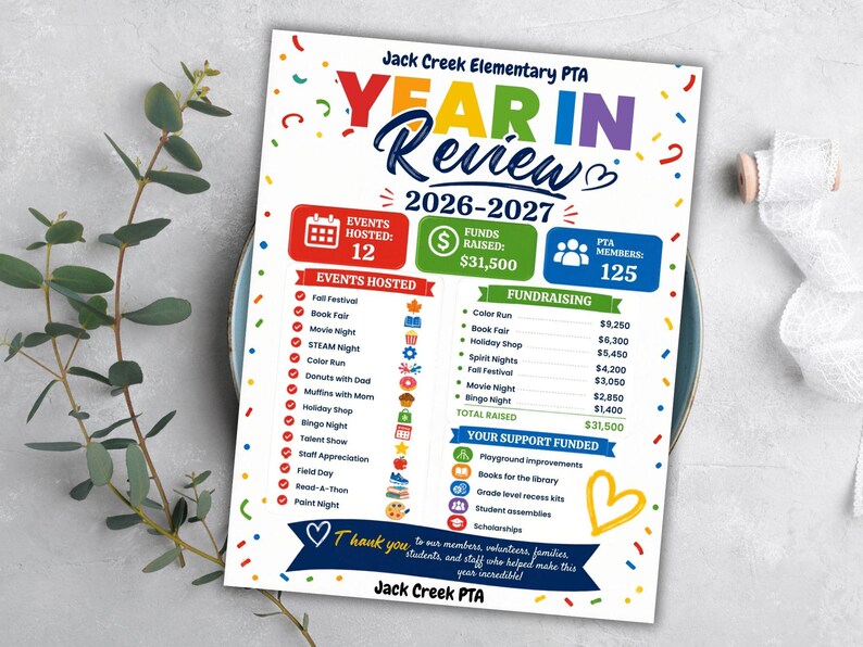 May include: A colorful flyer from Jack Creek Elementary PTA, reviewing the year 2026-2027. It highlights 12 events hosted, $31,500 raised, and 125 PTA members. The flyer lists fundraising and how the funds were used.