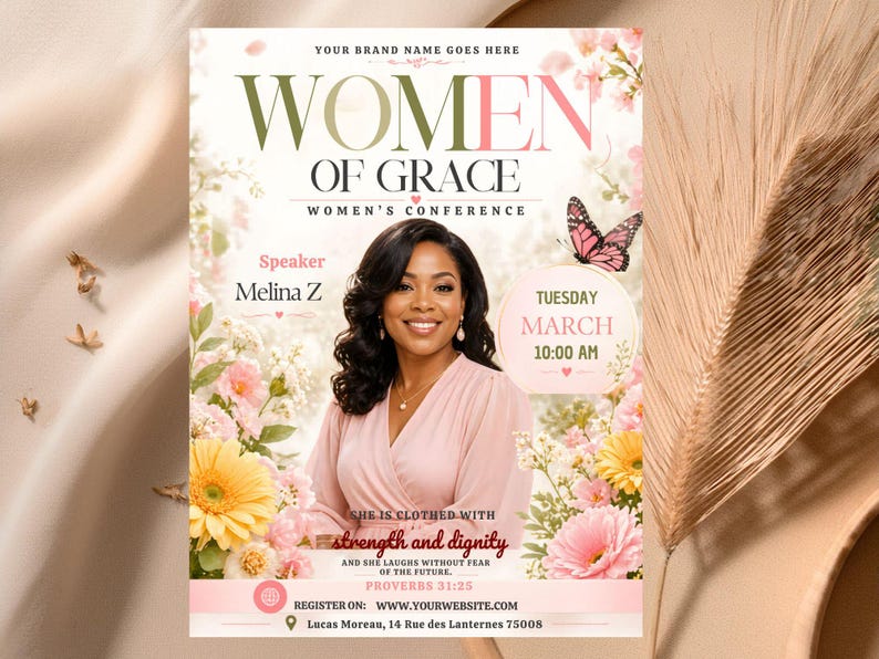 May include: A promotional poster for the "Women of Grace" conference, featuring a woman in a pink dress surrounded by flowers. The poster includes the speaker's name, Melina Z, and event details, such as the date and time.