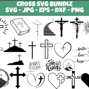 May include: A digital download bundle of 15 cross SVG designs. The designs include crosses, hearts, and the words "Jesus Has Risen", "He is Risen", "Faith", "Love", and "Hope".