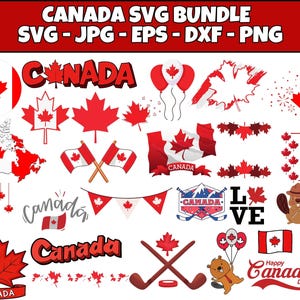 Może przedstawiać: Zestaw grafik SVG o tematyce kanadyjskiej w kolorach czerwonym i białym. Zawiera liście klonu, flagi i elementy tekstowe, takie jak "Canada" i "Happy Canada Day". Zestaw zawiera również kije hokejowe i bobra.