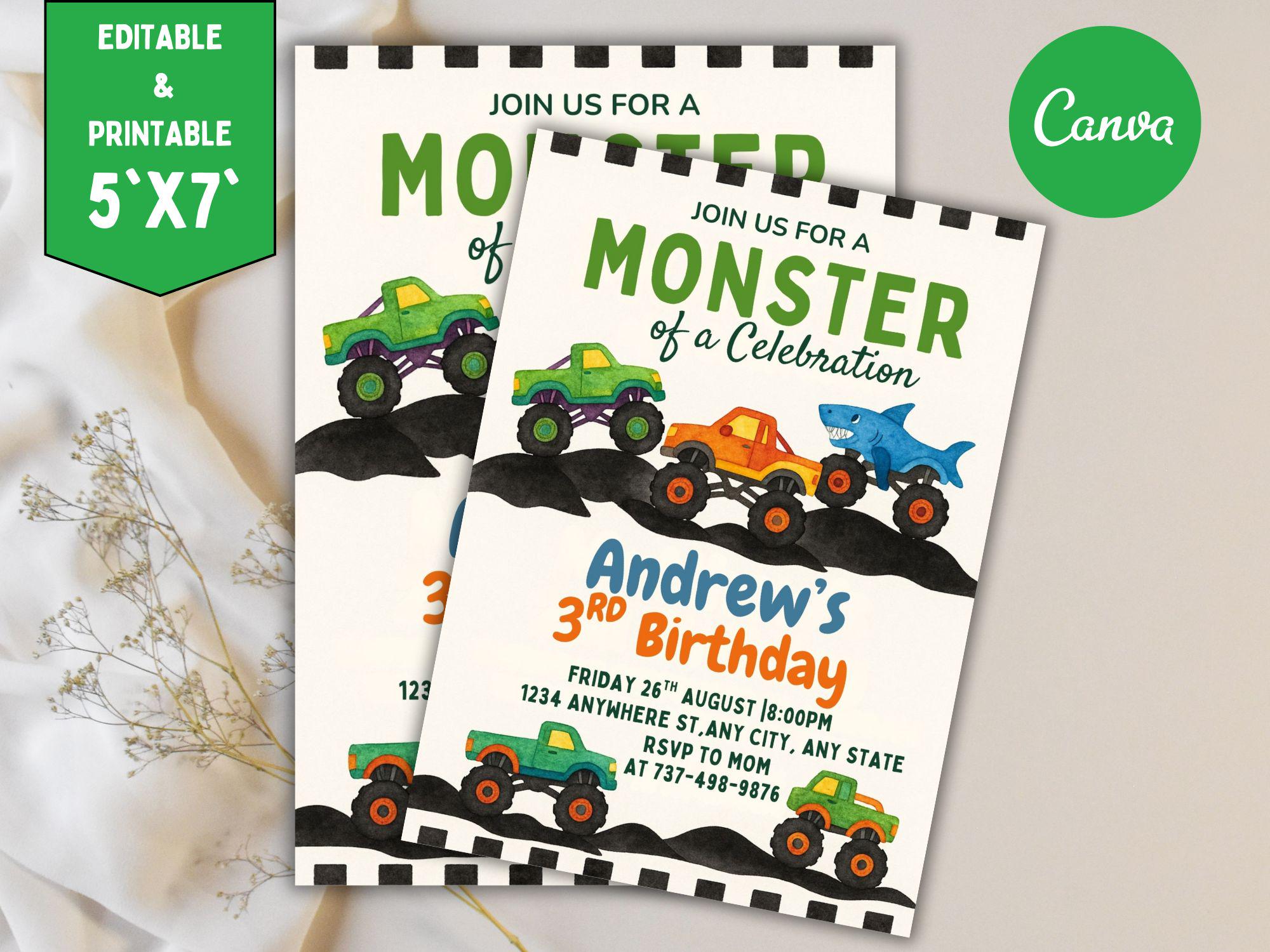 Monster Truck Birthday Invitation | Editable Canva Template | Boys 2nd Birthday Invite | Monster Jam Party | Watercolor Trucks Theme