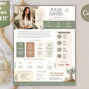 May include: An 8.5x11 inch editable and printable mental health therapist flyer template. The document features a photo of a professional, sections for therapy services, client statistics, and contact information in a sage green and beige color palette.