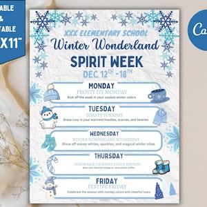 May include: A printable 8.5" x 11" Winter Wonderland Spirit Week flyer. The blue and white design features snowflakes and themed daily activities, including Frosty Fit Monday and Festive Friday. The Canva logo is in the upper right corner.