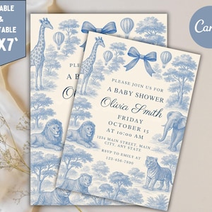 Blue Toile Safari Baby Shower Invitation, Safari Animal Baby Boy Shower Digital Invite, Toile de Jouy Baby Shower Invite Dusty Blue Safari