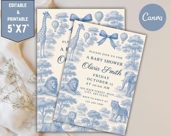 Blue Toile Safari Baby Shower Invitation: Digital Invite (5x7 inches)