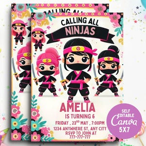 Editable Girl Ninja Birthday Party Invitation Template Pink Karate Birthday Warrior Birthday Party Martial Arts Ninja Party Instant Download