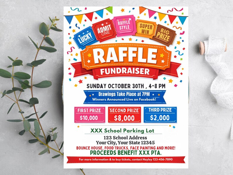 Editable Raffle Fundraiser Flyer Template, School Charity Event (8.5x11 ...