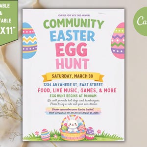 Puede incluir: Un folleto imprimible de búsqueda de huevos de Pascua. El diseño presenta texto colorido e ilustraciones de huevos de Pascua. El folleto incluye detalles del evento como fecha, hora, lugar y actividades. Un conejito con una cesta está en la parte inferior.
