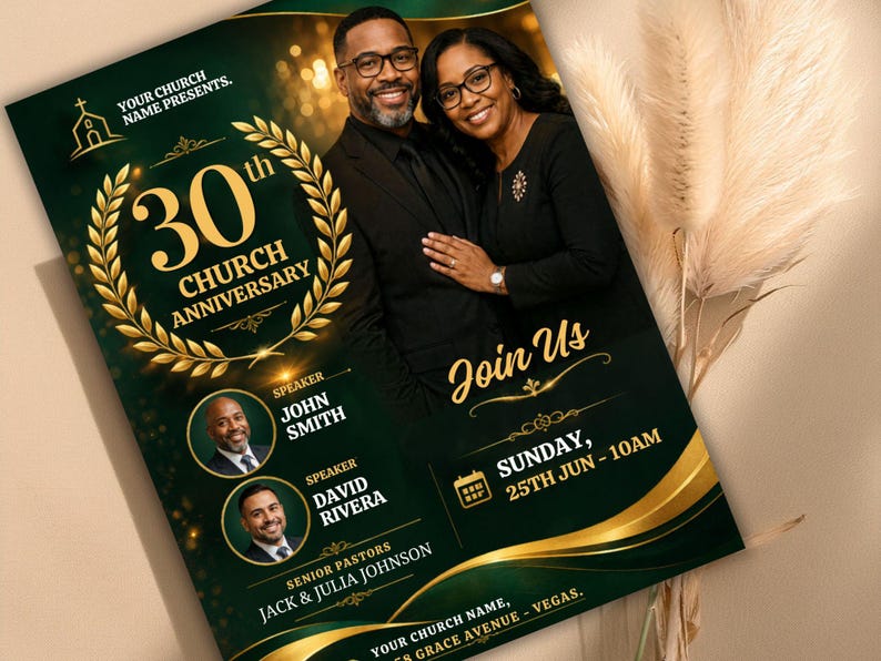 May include: A dark green flyer for a church anniversary celebration. The flyer features a photo of a smiling couple, gold accents, and the text "30th Church Anniversary." It includes the names of speakers and the date of the event.