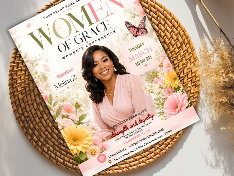 May include: A promotional flyer for the "Women of Grace" conference, featuring a woman in a pink dress. The flyer includes the speaker's name, Melina Z, and the date and time of the event. Floral accents and a butterfly add to the design.