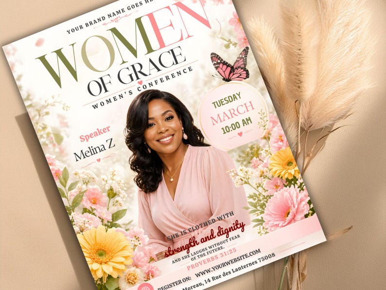 march 8 women's day,prayer breakfast,church event flyer,women's prayer flyer,customizable Canva,faith based flyer,bible study flyer,pink church flyer,woman empowerment,women's conference,womens retreat flyer,guest speaker flyer,womens meeting flyer