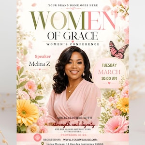 march 8 women's day,prayer breakfast,church event flyer,women's prayer flyer,customizable Canva,faith based flyer,bible study flyer,pink church flyer,woman empowerment,women's conference,womens retreat flyer,guest speaker flyer,womens meeting flyer