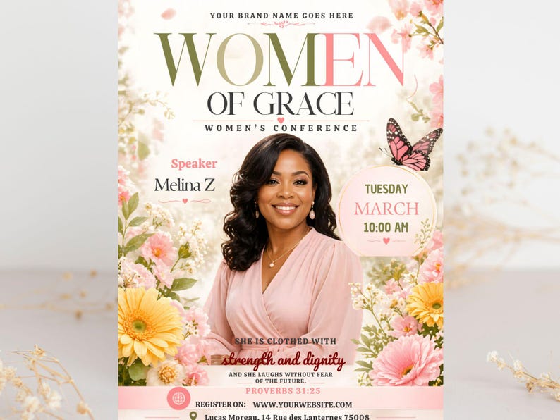 march 8 women's day,prayer breakfast,church event flyer,women's prayer flyer,customizable Canva,faith based flyer,bible study flyer,pink church flyer,woman empowerment,women's conference,womens retreat flyer,guest speaker flyer,womens meeting flyer