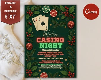 Puede incluir: Una invitación imprimible de 12,7 cm x 17,8 cm para una Noche de Casino Navideña. El diseño verde oscuro presenta naipes, dados, acebo y los detalles del evento. El texto incluye "Holiday Casino Night" y la información.