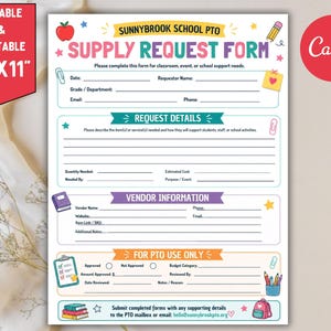 May include: A printable Sunnybrook School PTO supply request form measuring 8.5 by 11 inches. The document features sections for request details, vendor information, and internal use, decorated with colorful school-themed icons like pencils and books.