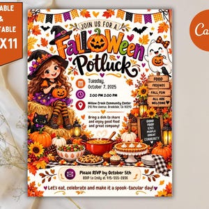 Pode incluir: Um folheto de convite editável e imprimível de 21,6 cm por 27,9 cm para um Falloween Potluck com uma bruxa de desenho animado, um fantasma, abóboras, girassóis e folhas de outono. O texto inclui detalhes do evento, data e local.
