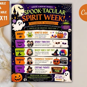 May include: A printable flyer for a Spook-tacular Spirit Week event, measuring 8.5 inches by 11 inches. The design features a dark purple background with Halloween-themed illustrations including ghosts, pumpkins, and a cauldron, listing daily activities.