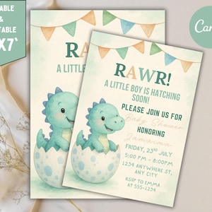 May include: Two baby shower invitations with a watercolor dinosaur theme. The invitations feature a teal dinosaur hatching from an egg, with text that reads "RAWR! A little boy is hatching soon!" and event details. The invitations are 5"x7".