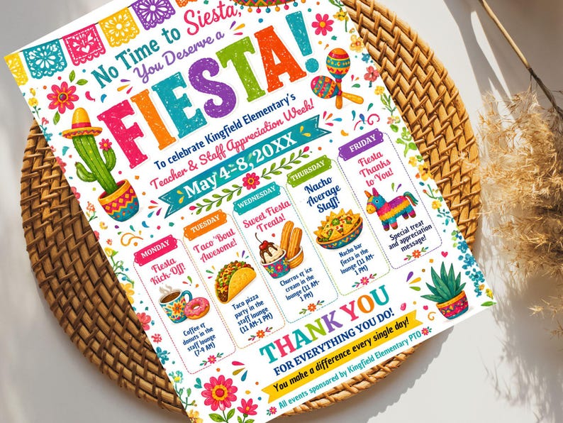 Mexican Teacher & Staff Appreciation Week Fiesta Itinerary Poster ...