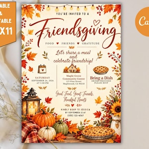 May include: A Friendsgiving invitation flyer featuring autumn leaves, pumpkins, a lantern, and a pie. Text includes: You're invited to a Friendsgiving, Food Friends Gratitude, Let's share a meal, Maple Grove Community Center, 123 Pine Street, Maplewood, CA 90210.