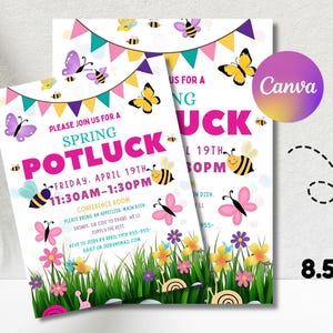 May include: Two white A4 invitations with a spring potluck theme. The invitations feature colourful butterflies, bees, flowers, and text that reads "Please join us for a Spring Potluck".
