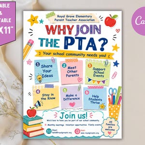 Op de afbeelding: Een kleurrijke flyer van 21,59 cm x 27,94 cm voor de Royal Grove Elementary Parent Teacher Association met de titel Why Join The PTA? Het ontwerp bevat zes genummerde plakbriefjes met schooltaken, boeken, een potlood en een appel.