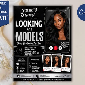 Puede incluir: Folleto promocional en blanco y negro con el texto "BUSCANDO MODELOS" y una foto de una mujer en la pantalla de un teléfono inteligente. El folleto incluye detalles sobre los requisitos y beneficios del modelo, con un logotipo de Canva.