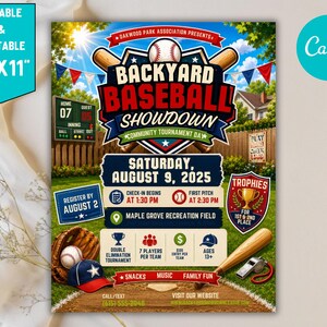 Puede incluir: Un folleto para un Backyard Baseball Showdown el 9 de agosto de 2025 en Maple Grove Recreation Field. El diseño presenta equipo de béisbol, un marcador y detalles del torneo, incluyendo registro antes del 2 de agosto, 21,6 cm x 27,9 cm.