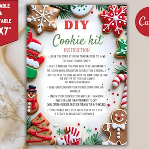 May include: A festive DIY cookie kit printable on a 5"x7" sheet, featuring decorated gingerbread men, Christmas trees, and snowflakes. Instructions are included. The Canva logo is visible.
