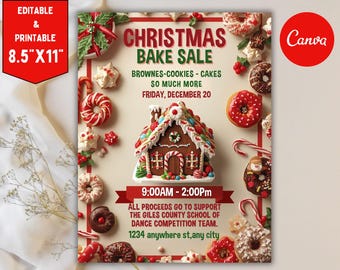 Peut inclure: Une affiche de vente de pâtisseries de Noël avec une maison en pain d'épices, des beignets et des cannes en sucre. L'affiche mesure 21,6 cm x 27,9 cm et comprend le texte "Christmas Bake Sale" et "Friday, December 20". L'événement soutient l'école de danse du comté de Giles.